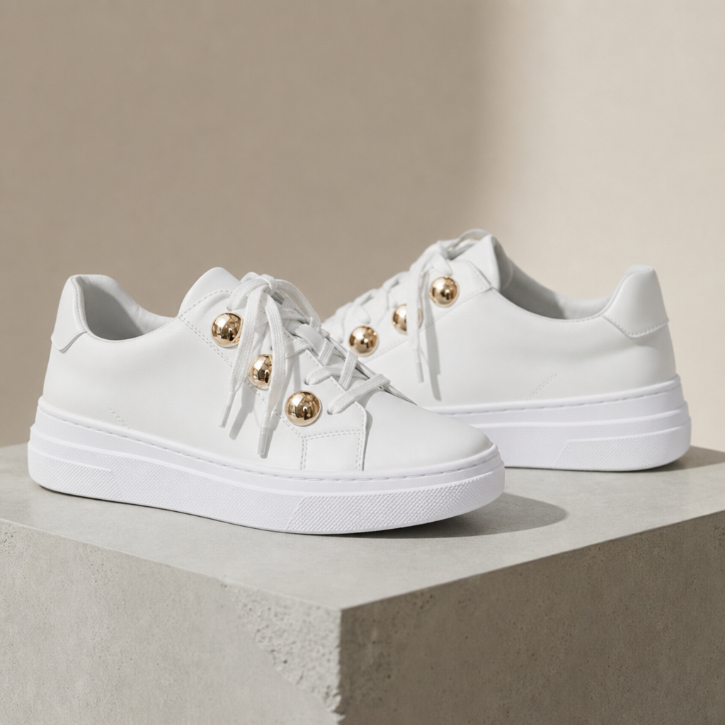 Baeza Orthopedic Gold-Stud Sneakers in White