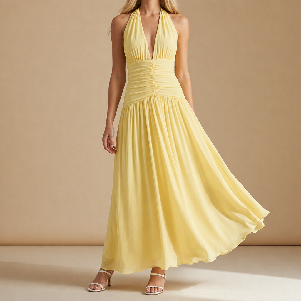 Almeria Ruched Halter Maxi Dress in Yellow