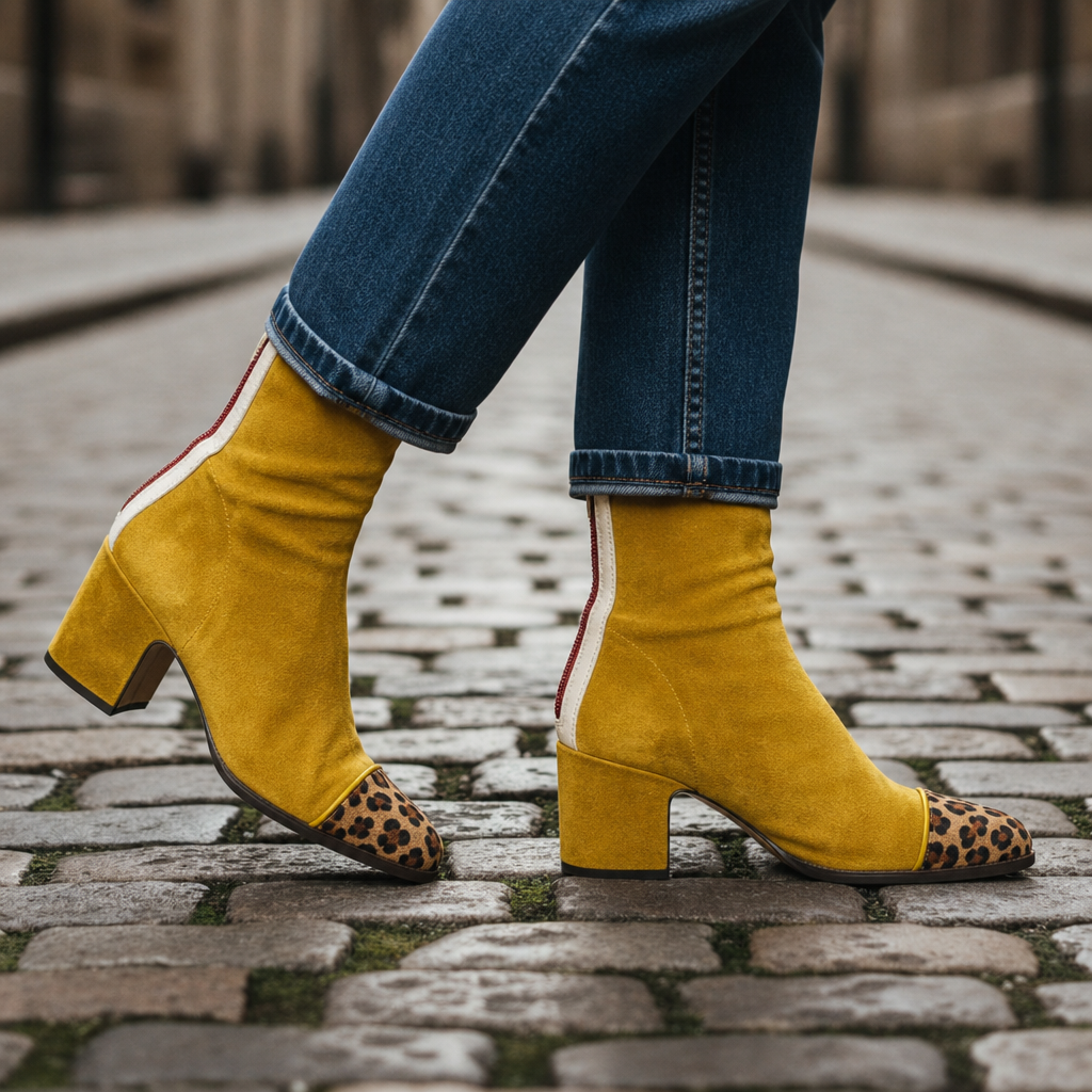 Tarifa Suede Block-Heel Boots in Yellow