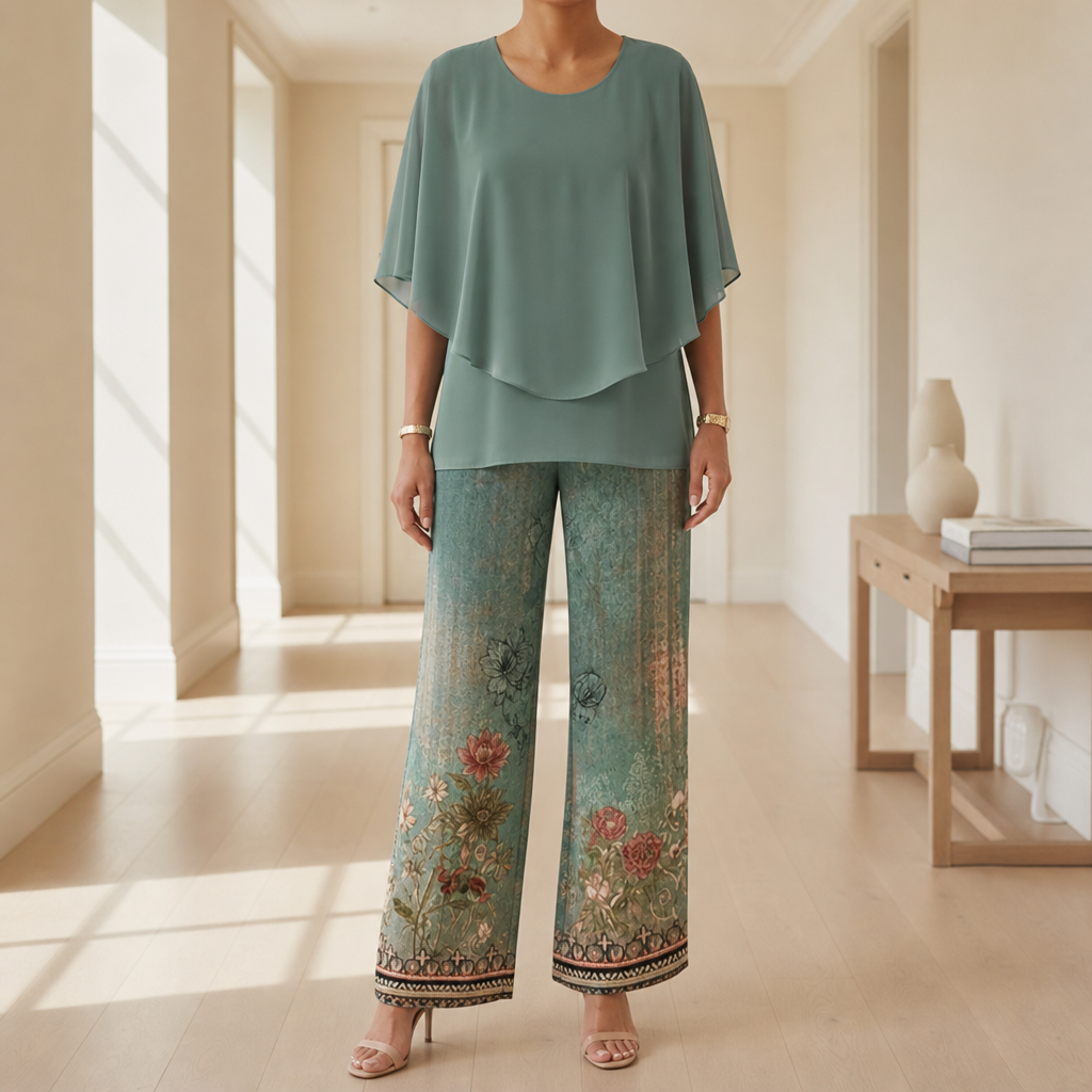 Beziers Floral Chiffon Two-Piece Set in Teal