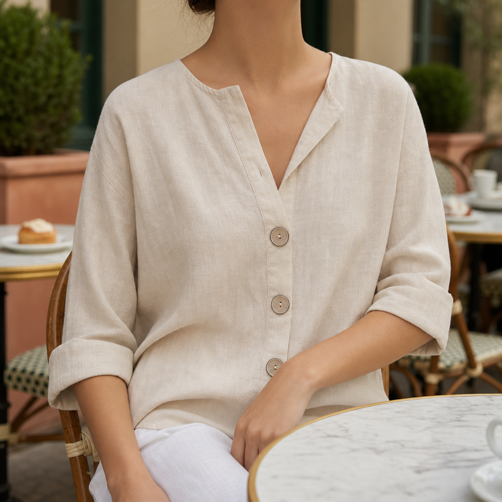 Montalcino Linen Button-Up Blouse in Apricot