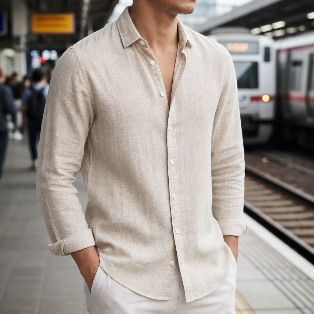 Polignano Linen Button-Down Shirt in Beige