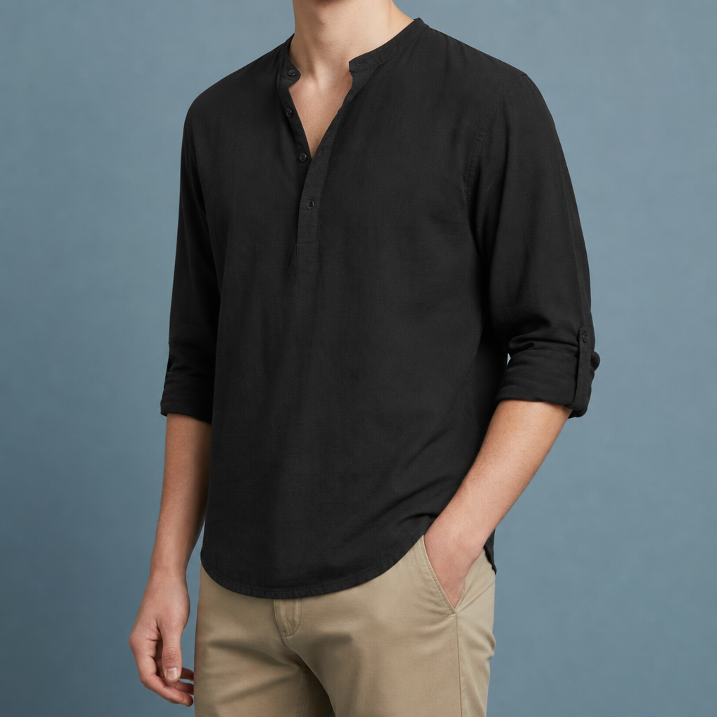 Roussillon Linen Henley Shirt in Black