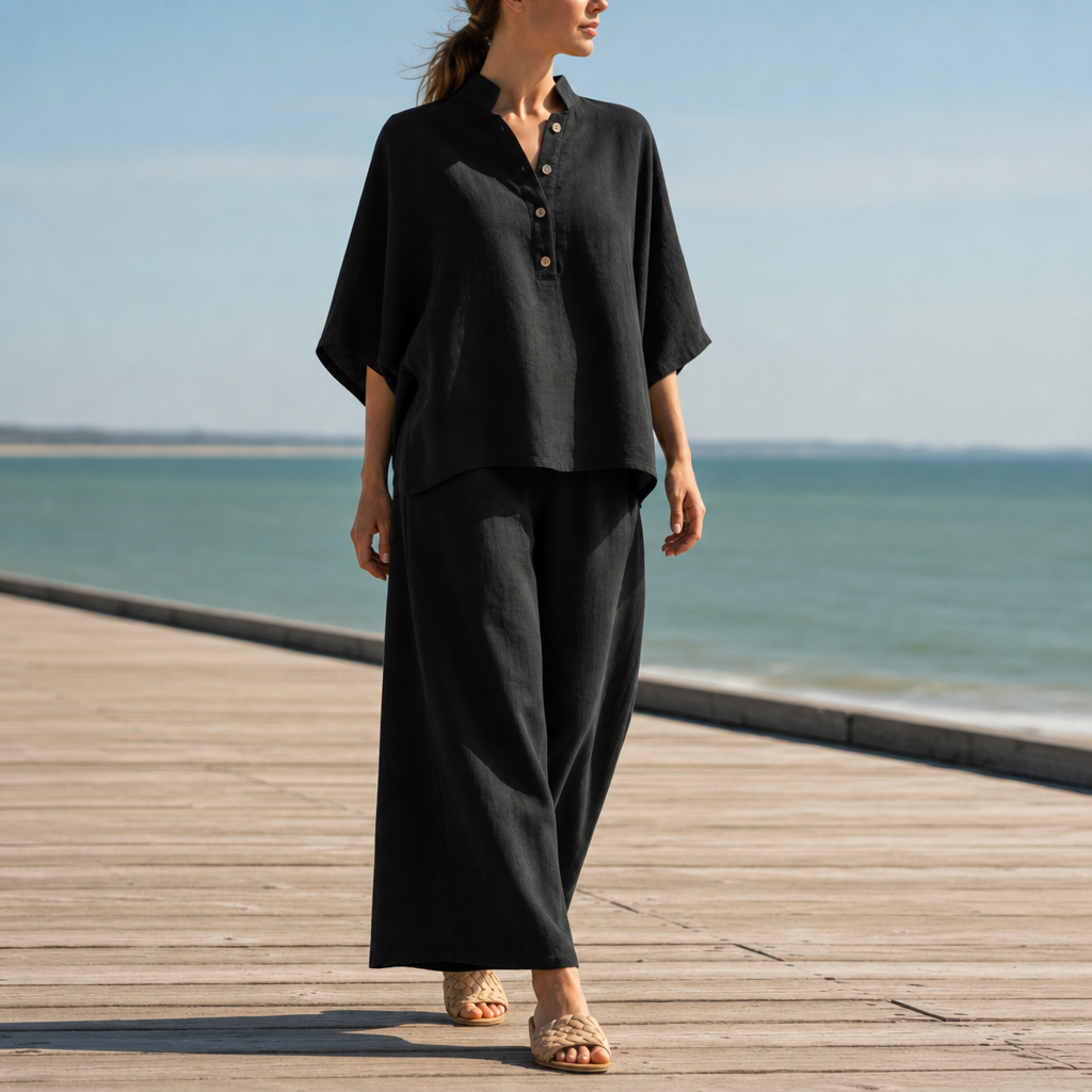 Kakopetria Linen Kimono Sleeve Set in Black