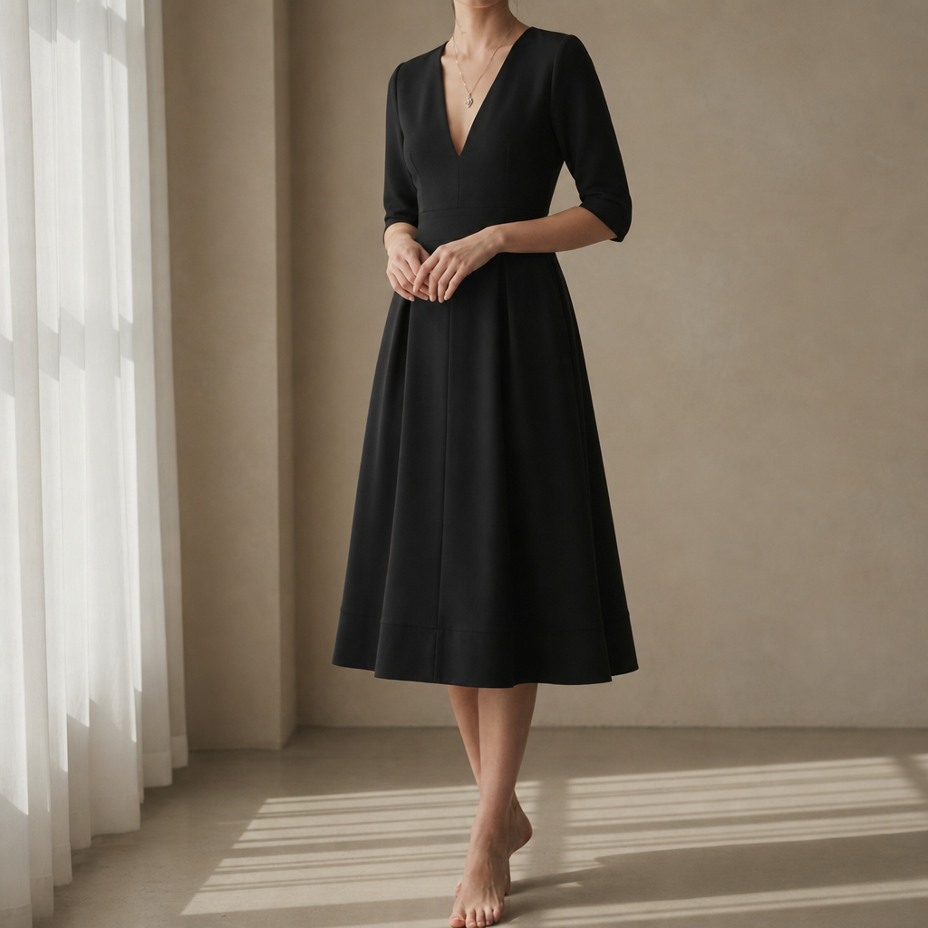 Gaeta Deep V Satin Midi Dress in Black