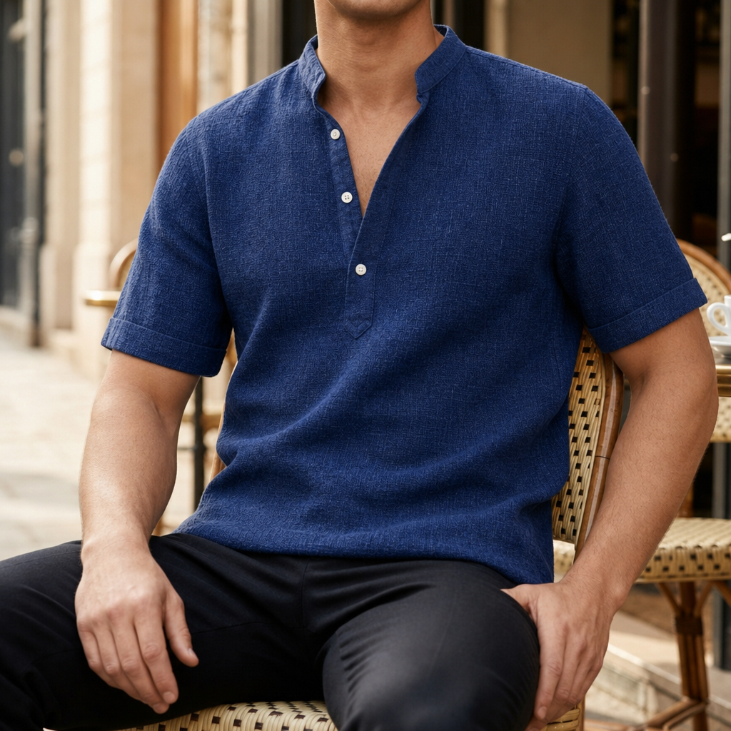 Polignano Linen Henley Shirt in Blue