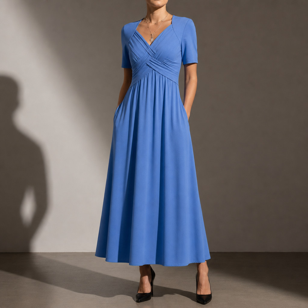 Nazare Ruched V-Neck Midi Dress in Blue