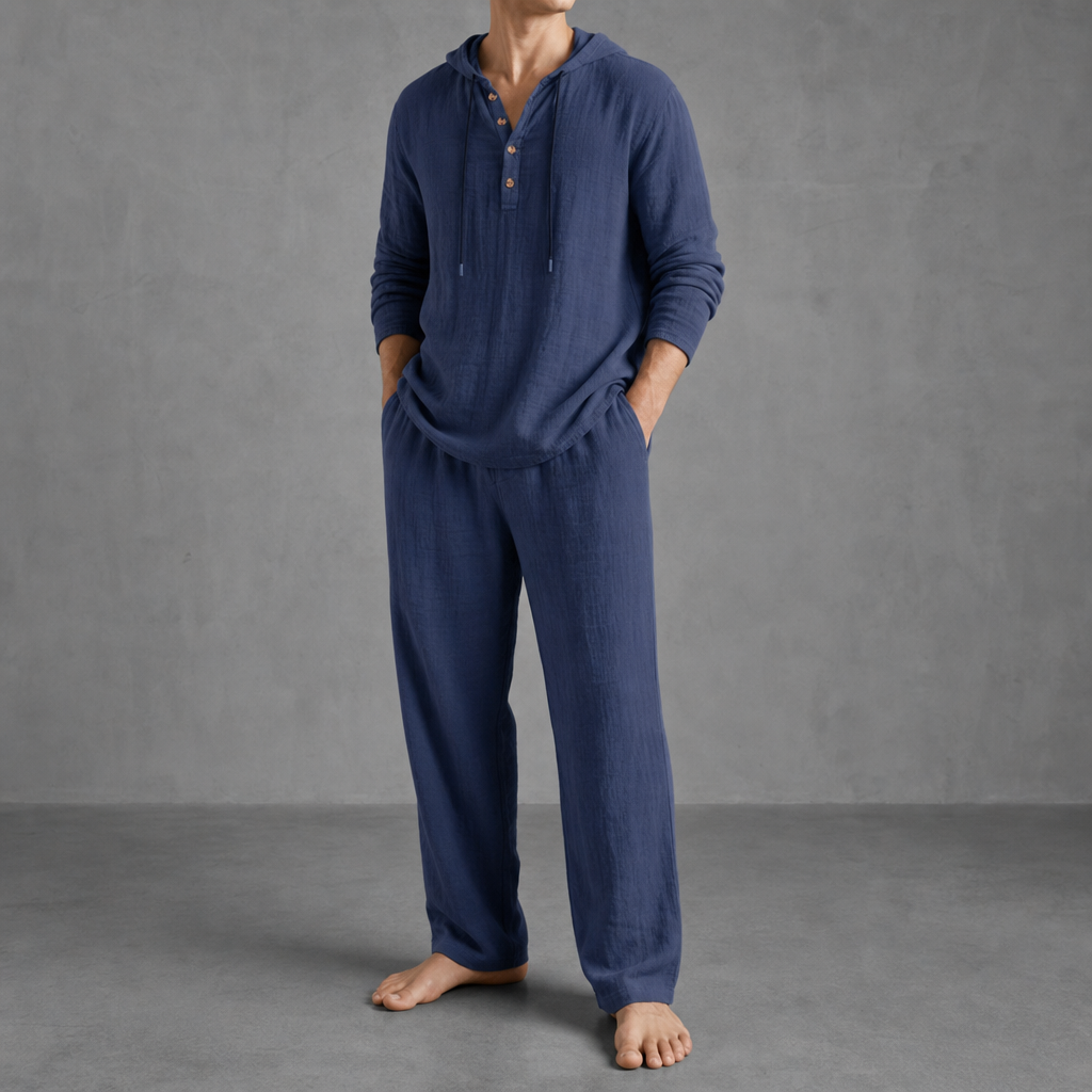 Folegandros Hooded Henley Linen Set in Blue