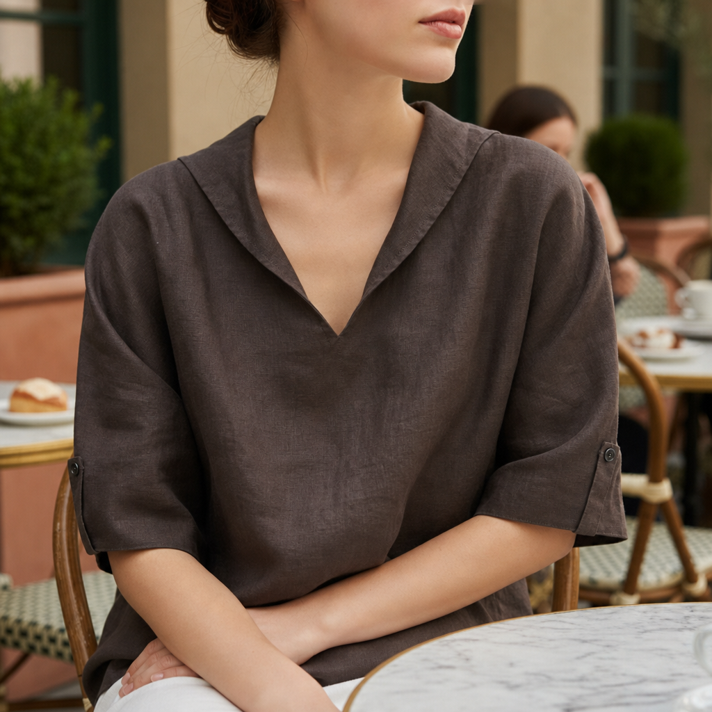 Naxos Linen V-Neck Blouse in Brown