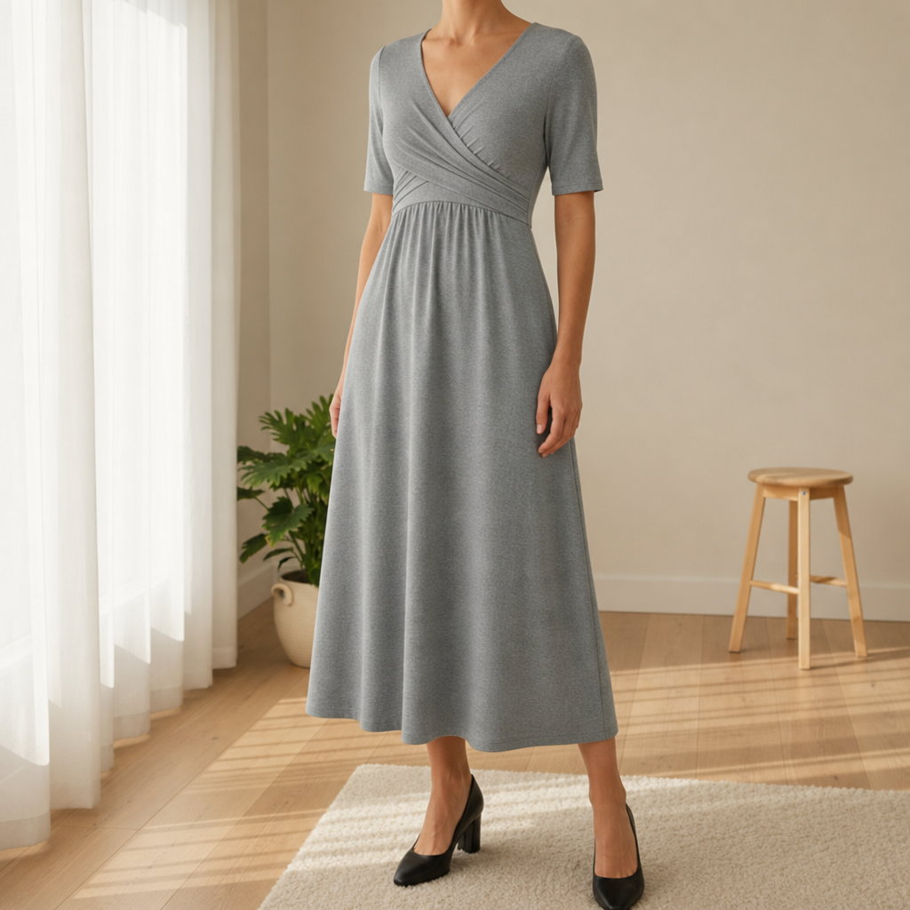 Rethymno Crossover Bodice Midi Dress in Gray