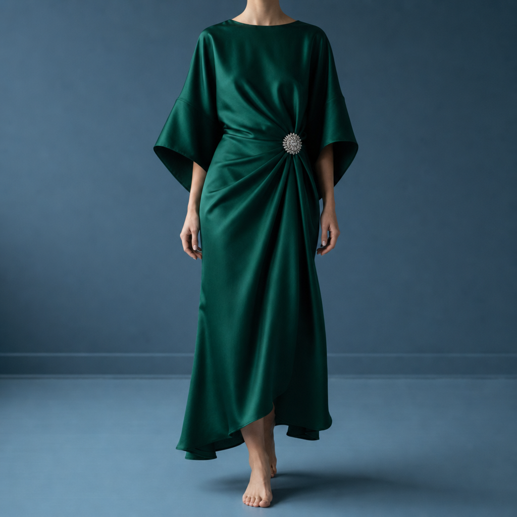Salamanca Ruched Satin Midi Dress in Green
