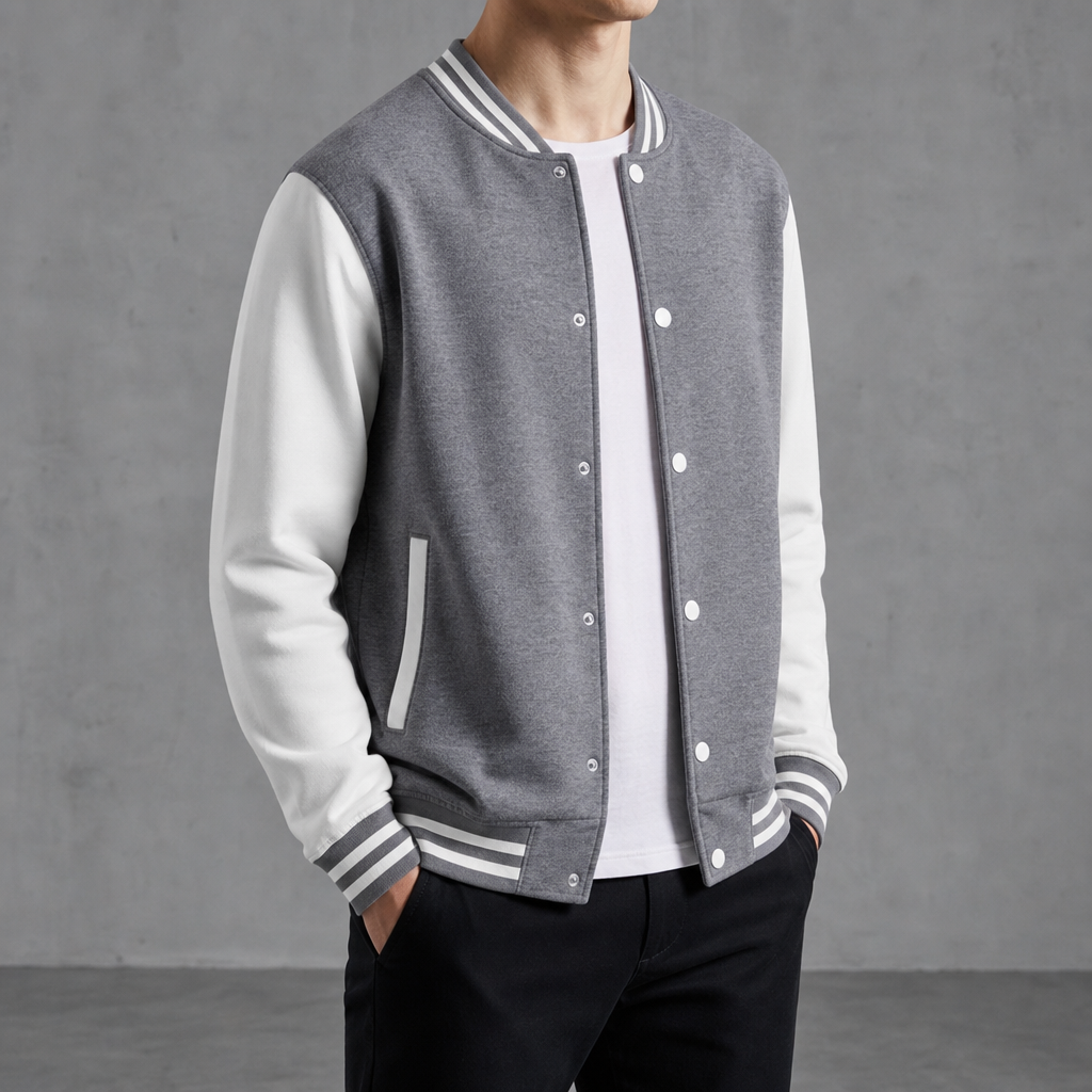 Ajaccio Contrast Sleeve Varsity Jacket in Grey