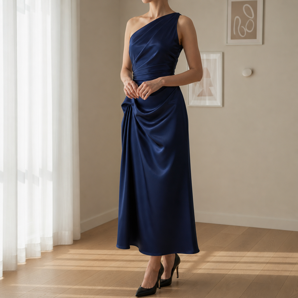 Valletta Ruched Satin Midi Dress in Navy Blue
