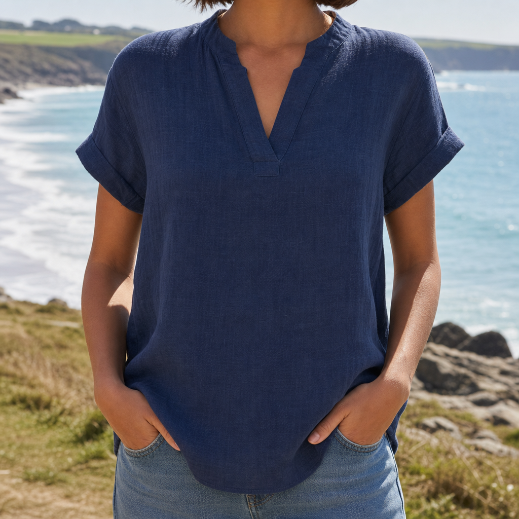 Tarifa Notched V-Neck Blouse in Navy Blue