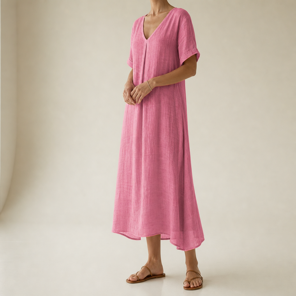 Sifnos Relaxed Linen Midi Dress in Pink