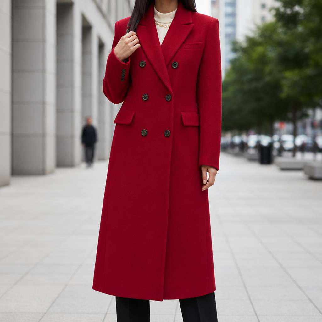 Chania Double Breasted Wool Overcoat in Red