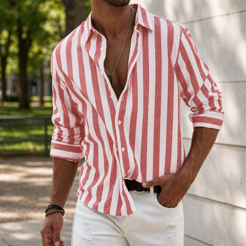Paphos Striped Linen Casual Shirt in Red