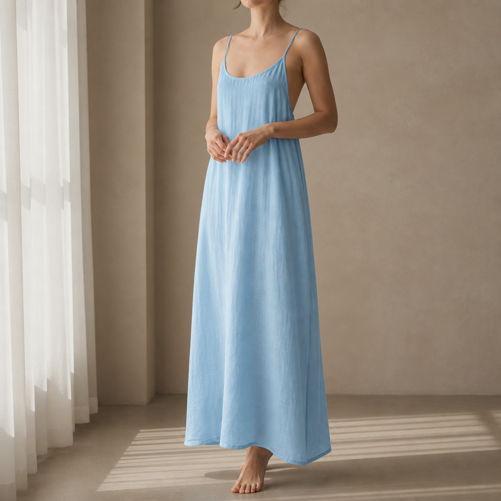 Opatija Backless Linen Maxi Dress in Sky-Blue