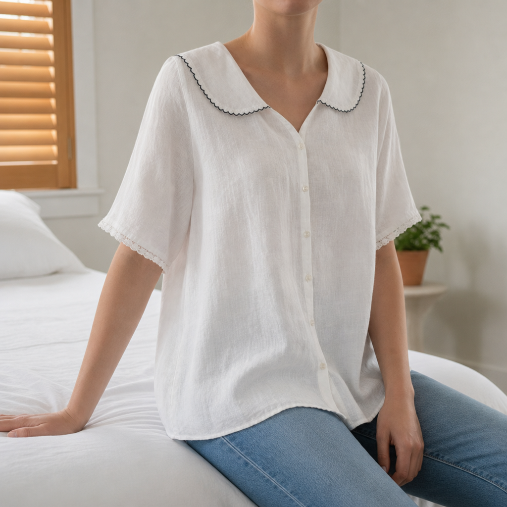 Zakynthos Doll Collar Linen Blouse in White