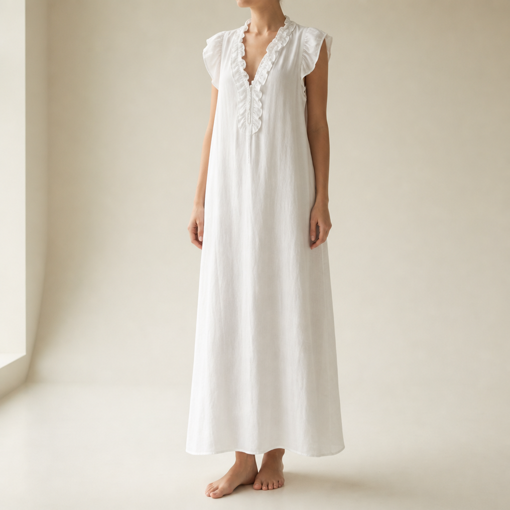 Hydra Ruffle V-Neck Maxi Dress in White
