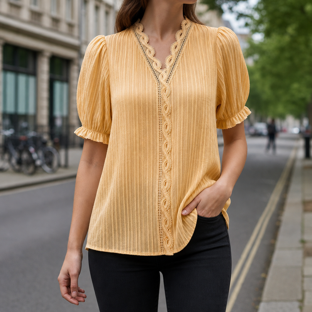 Antequera Lace Trim V-Neck Blouse in Yellow