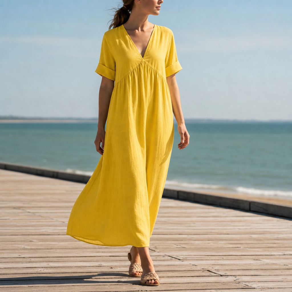 Trogir Relaxed Linen Maxi Dress in Yellow
