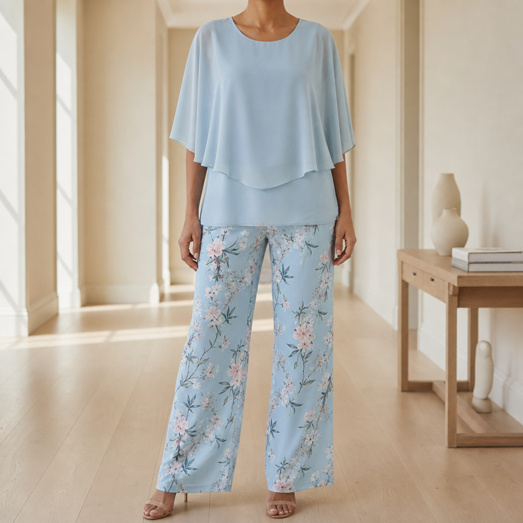 Beziers Floral Chiffon Two-Piece Set in Floral Blue