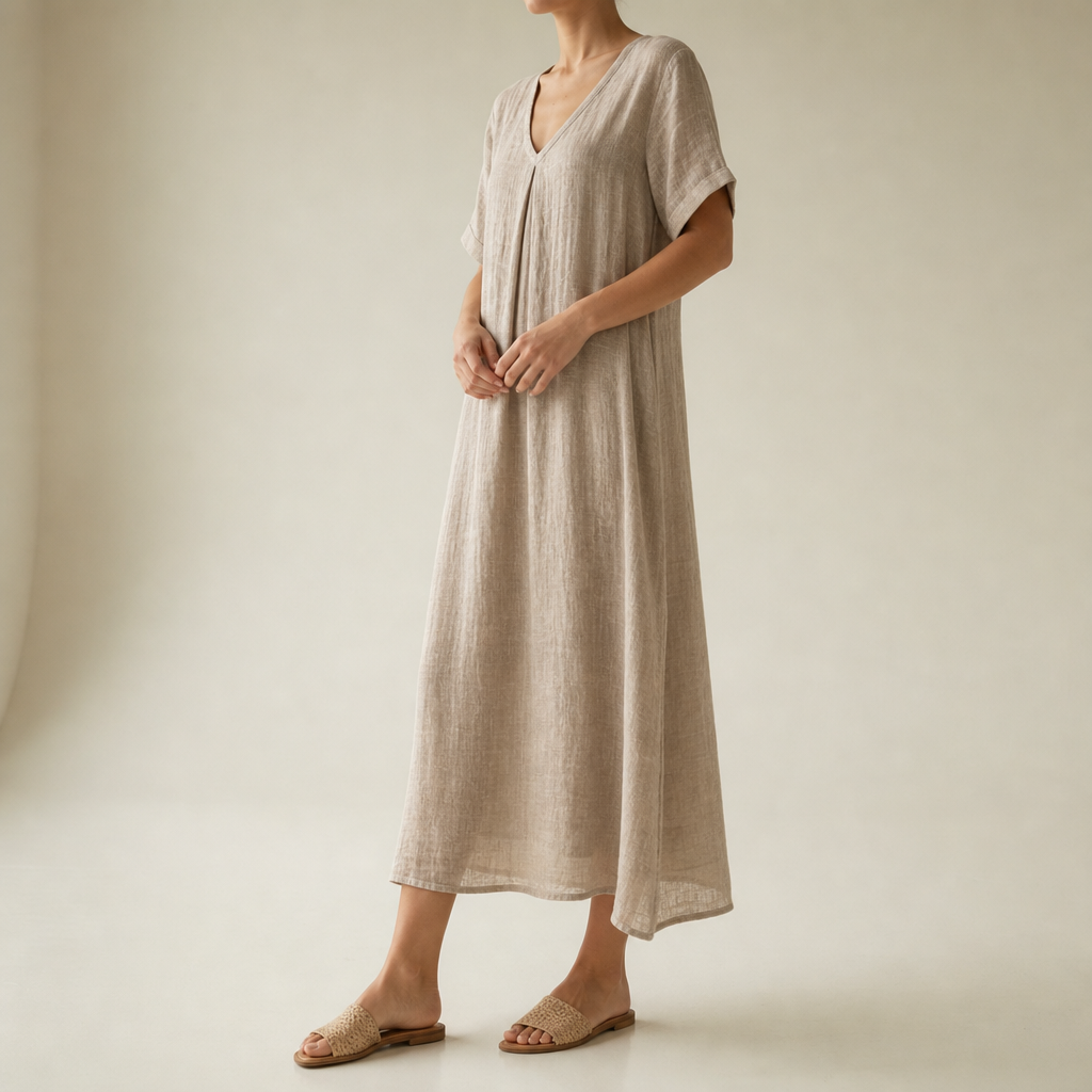 Sifnos Relaxed Linen Midi Dress in Beige