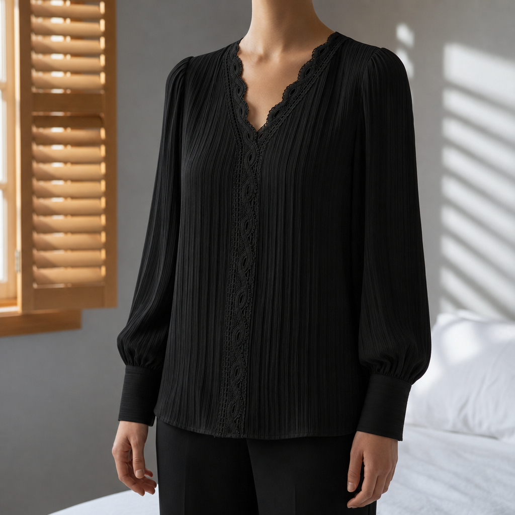 Arezzo Lace Trim V-Neck Blouse in Black
