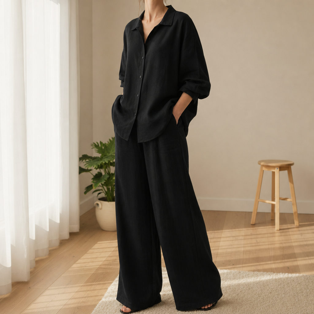 Comillas Linen Two-Piece Set in Black
