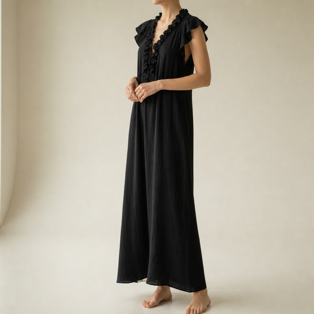 Hydra Ruffle V-Neck Maxi Dress in Black