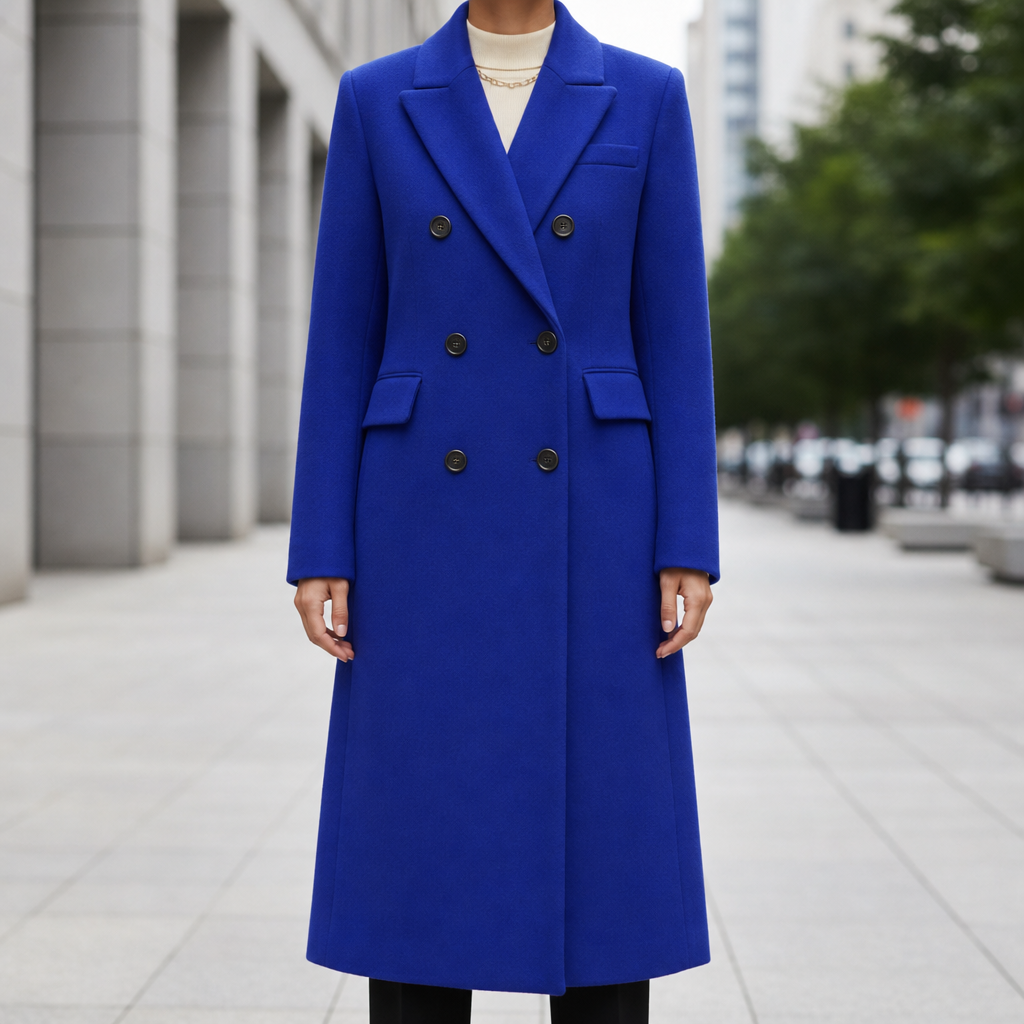 Chania Double Breasted Wool Overcoat in Blue
