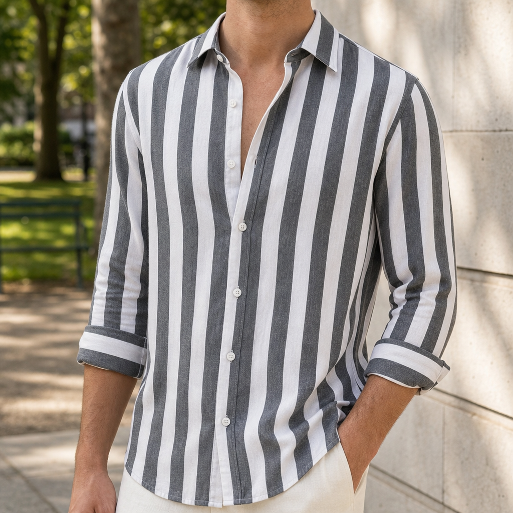 Paphos Striped Linen Casual Shirt in Dark Grey