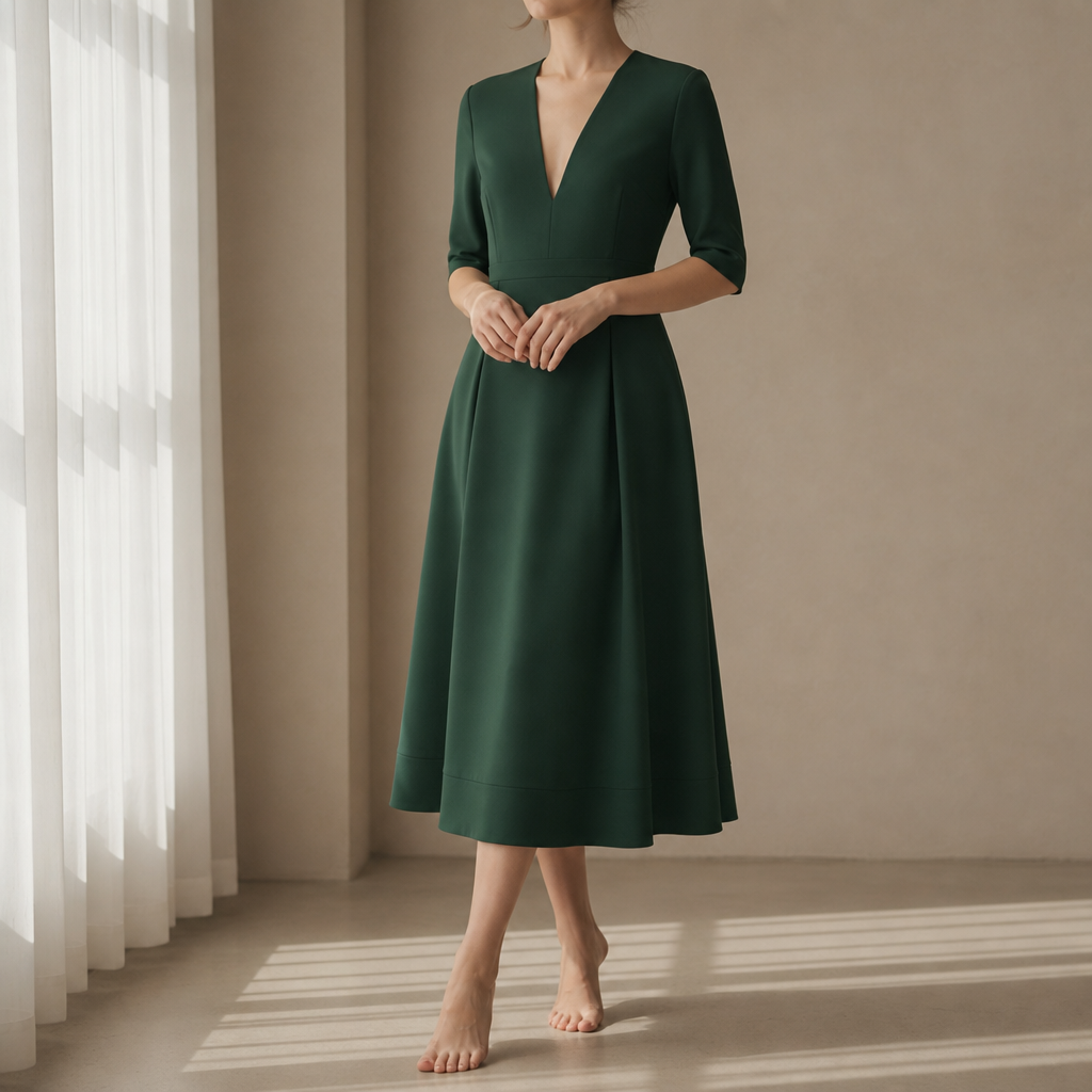 Gaeta Deep V Satin Midi Dress in Green