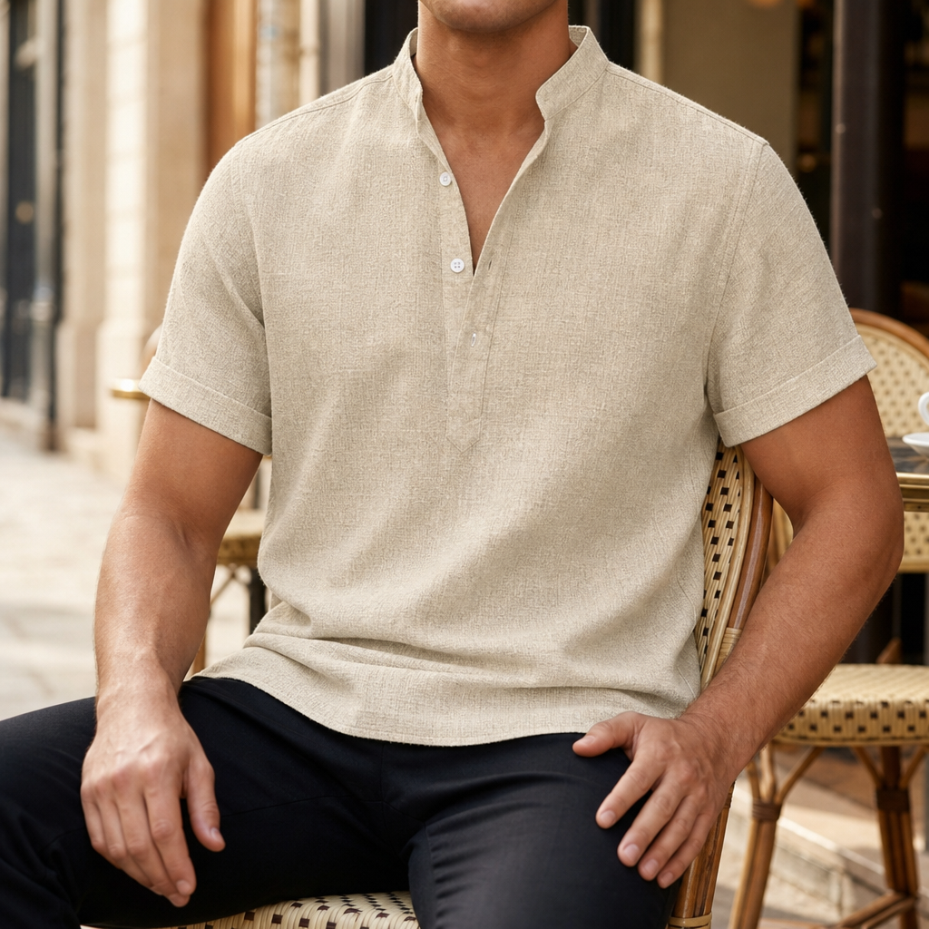 Polignano Linen Henley Shirt in Khaki