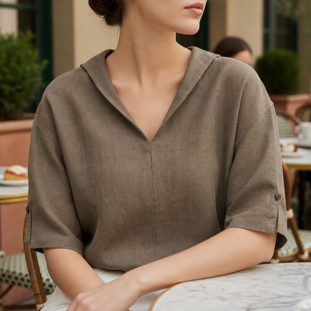 Naxos Linen V-Neck Blouse in Khaki
