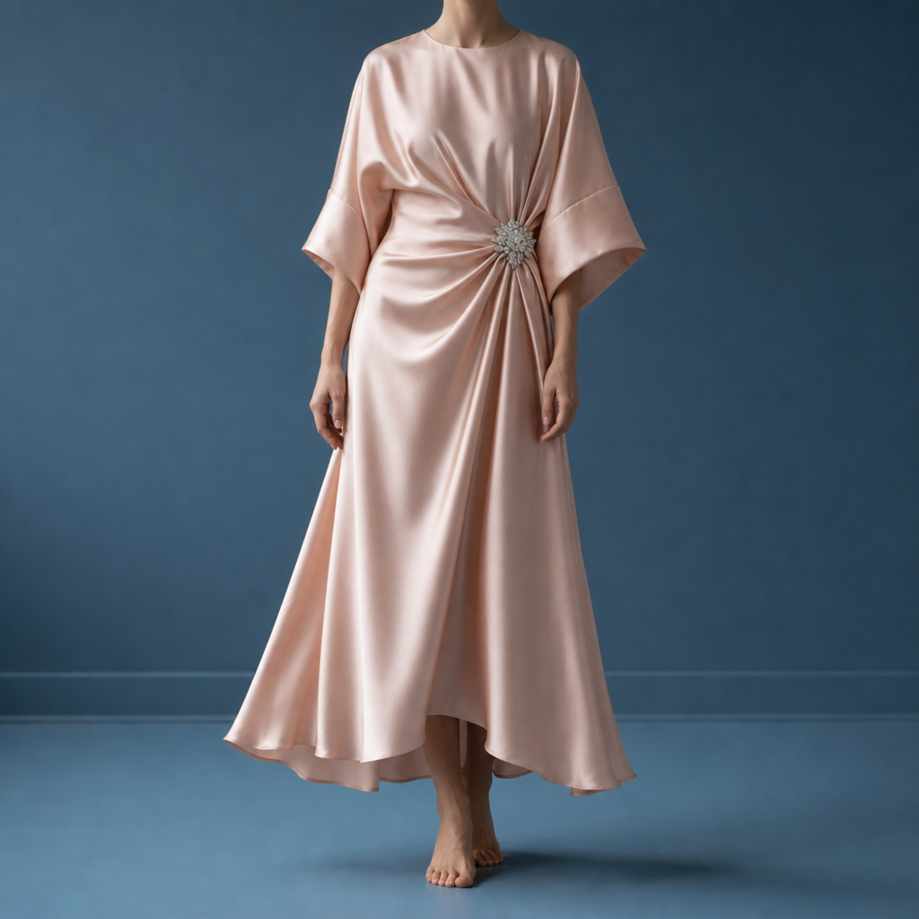 Salamanca Ruched Satin Midi Dress in Light Pink