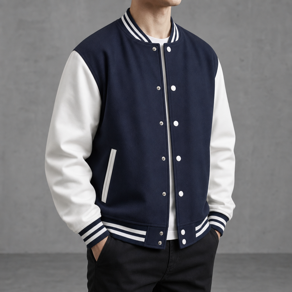 Ajaccio Contrast Sleeve Varsity Jacket in Marine blaue