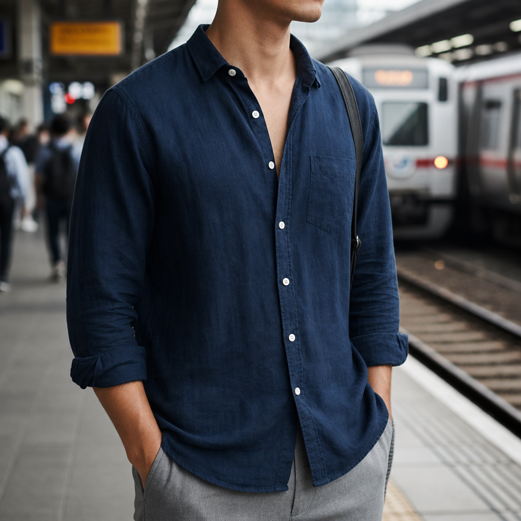 Polignano Linen Button-Down Shirt in Navy