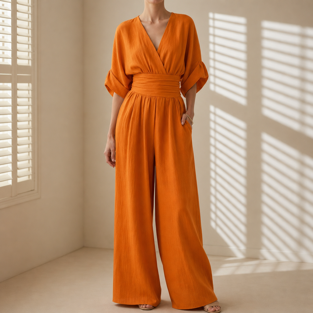 Siracusa V-Neck Wide-Leg Jumpsuit in Orange