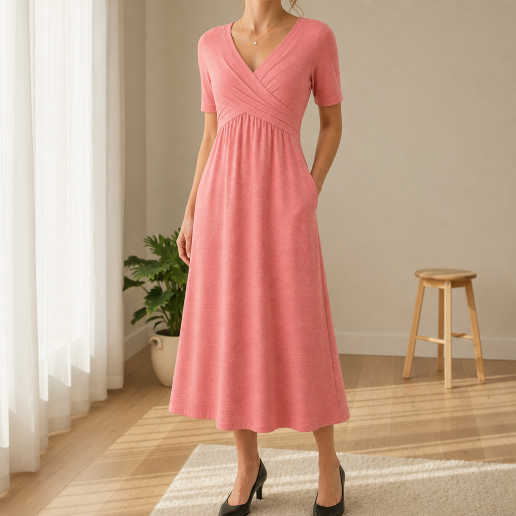 Rethymno Crossover Bodice Midi Dress in Pink