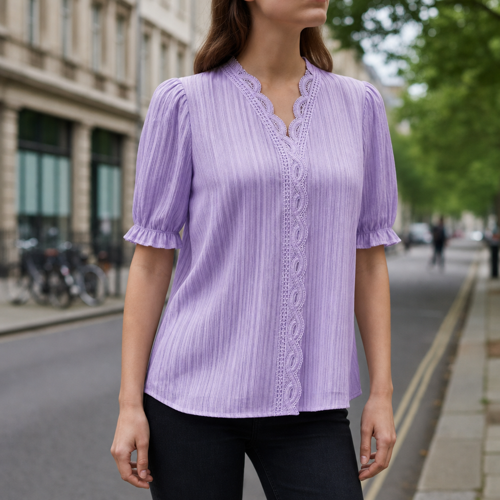 Antequera Lace Trim V-Neck Blouse in Purple