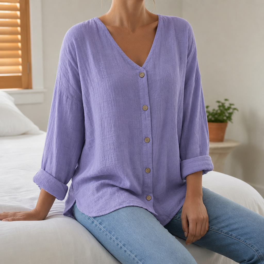 Formentor Linen Button-Up Blouse in Purple
