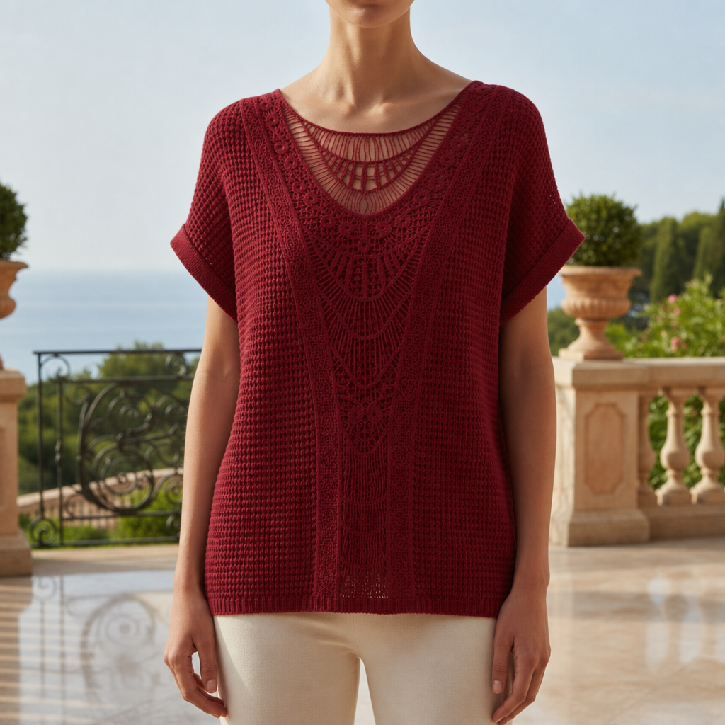 Bolzano Crochet Lace Knit Blouse in Red