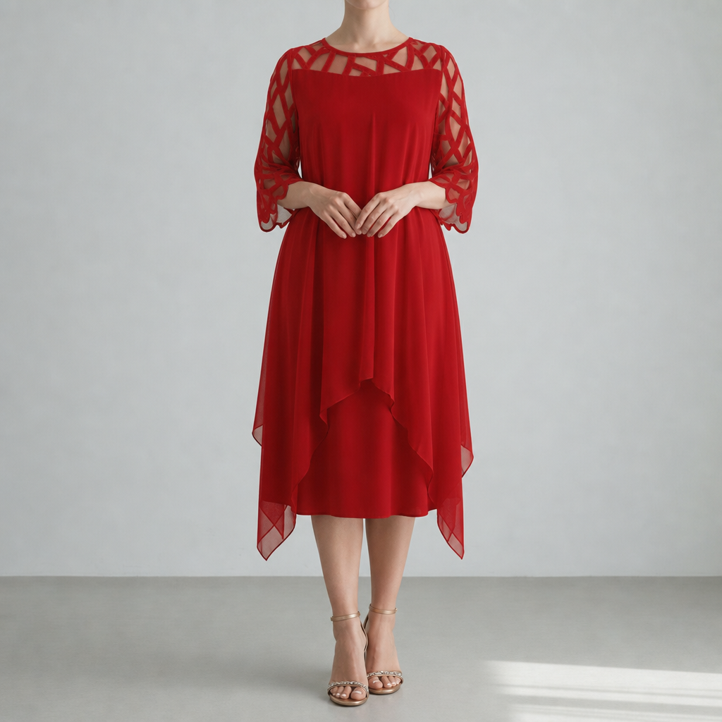 Lamego Lace Sleeve Midi Dress in Red