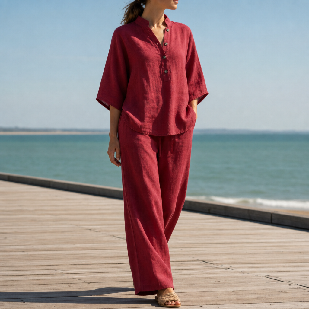 Kakopetria Linen Kimono Sleeve Set in Red