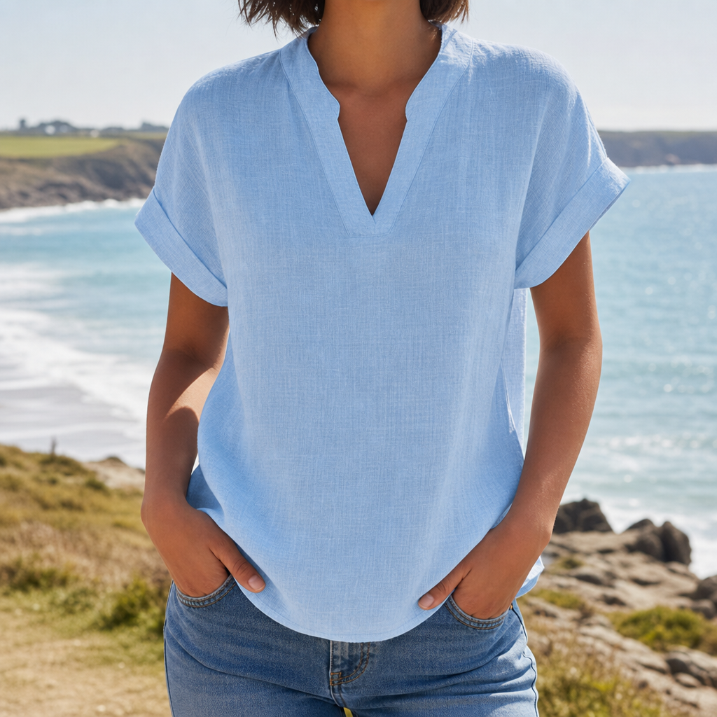 Tarifa Notched V-Neck Blouse in Sky Blue