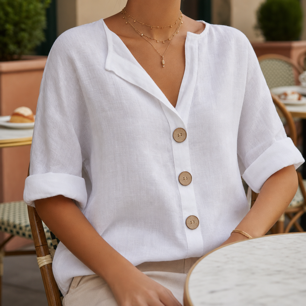 Montalcino Linen Button-Up Blouse in White