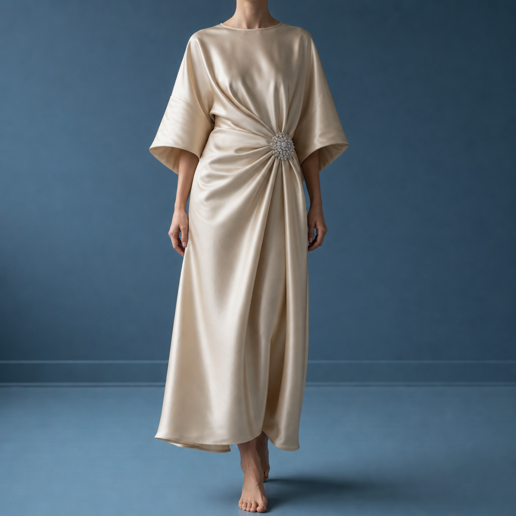Salamanca Ruched Satin Midi Dress in Beige