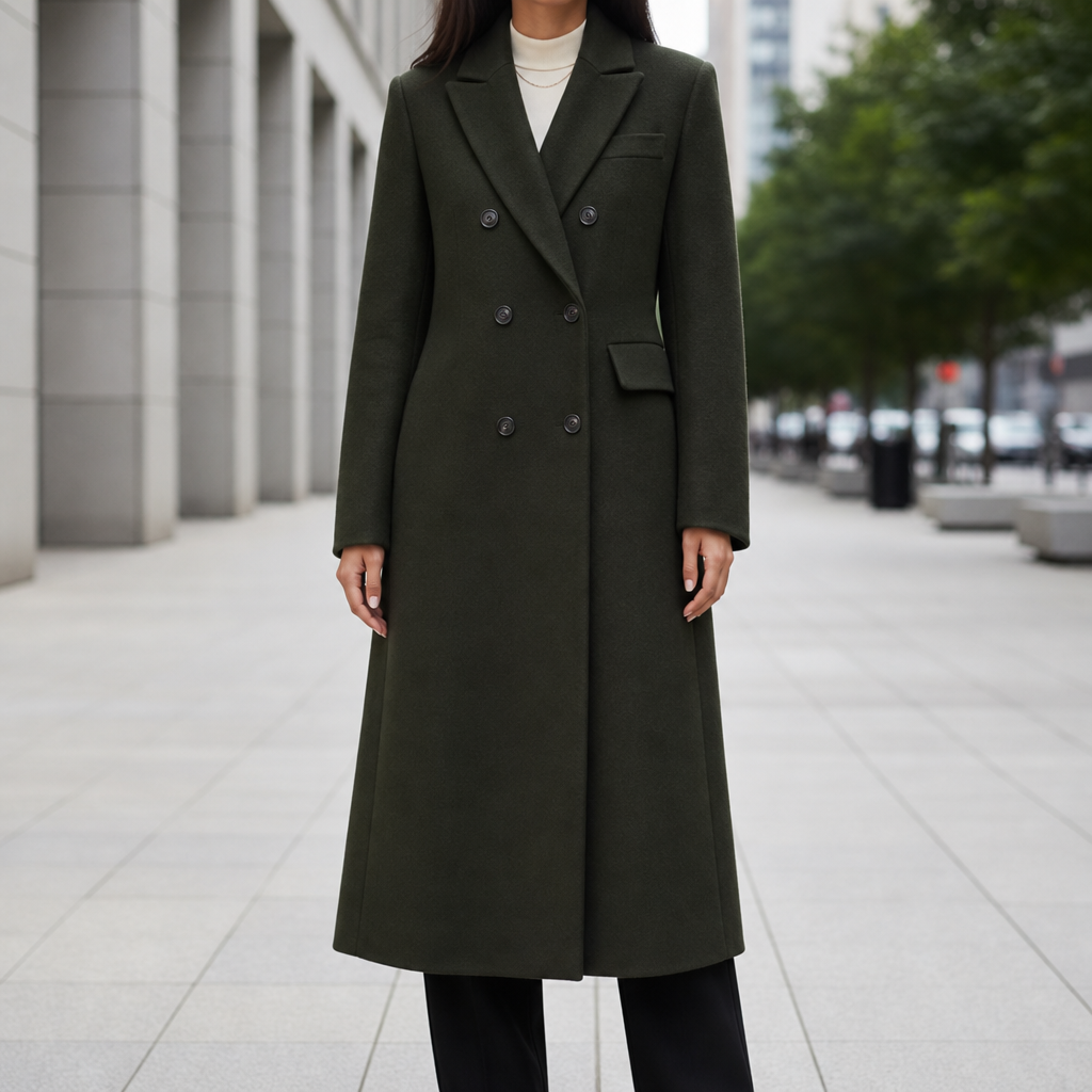 Chania Double Breasted Wool Overcoat in Dark Green